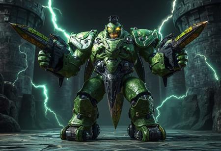 The image showcases a highly detailed, full-body 3D model of a Evil HERO Lightning Golem,Castle of Chaos backdrop. The Evil HERO Lightning Golem a green color palette and elaborate details elements, giving it a distinctive look. Its body is covered with a textured material, adding depth and intricacy to its form. The Evil HERO Lightning Golem's arms and legs are outstretched, each equipped with a Adamantine Sword Revival and wheels, suggesting preparedness and agility. The head features a camera, implying potential for navigation or surveillance. This captivating image showcases exceptional 4K quality, vivid colors, impeccable composition, and harmonious contrasts, making it