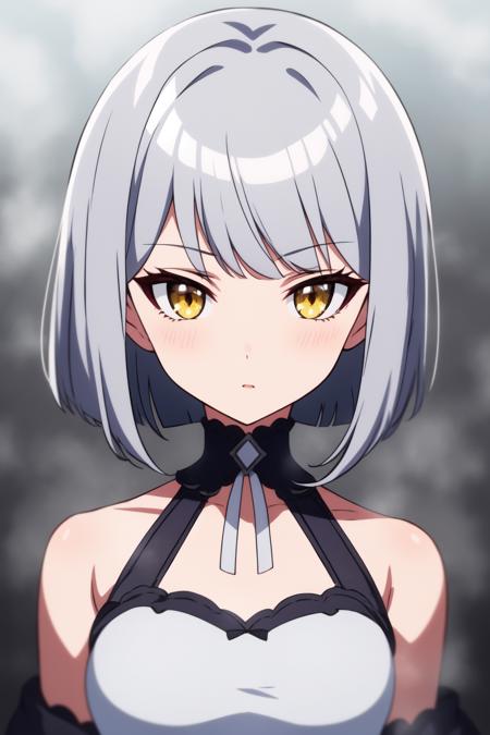 masterpiece, best quality, 1girl, anime screencap, mature female, 
short hair, bob cut, silver hair, yellow eyes, hairpin, dress, gothic, medium breasts, bodystocking,
depth of field, fog, portrait, simple background,