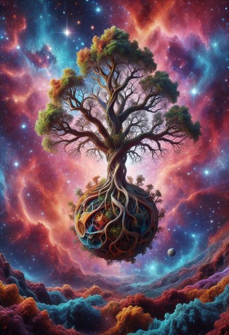 8k, analog photo, One giant tree on the sphere like planet earth floating in air, morph-treeroots, space of nebula, mix of colors psychedelic abstract background,