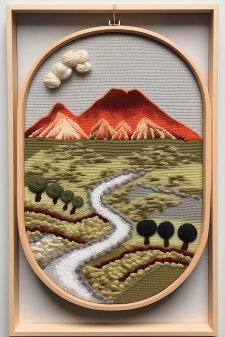 <lora:Needlepoint:1>Needlepoint - A painting of Rolling hills with a country road and an active volcano in the background made of crochet polyester. Framed in a modern frame. Studio shot on a light gray backdrop.