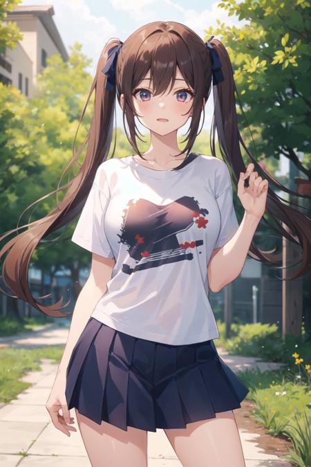 1girl, cowboy shot, standing, park, nature, twintails, t-shirt, skirt, short sleeves, outdoors