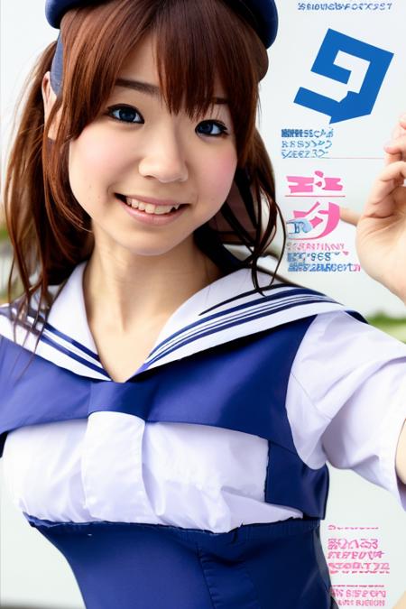 sfw, masterpiece, best quality, ultra high res, ultra detail, realistic, photorealistic, ultra realistic, professional lighting, depth of field, looking at viewer, hikari, 1girl, solo, dynamic pose, dynamic angle, extreme detailed face, perfect face, smile:0.3, small breasts, skinny body, sailor suit, magazine cover