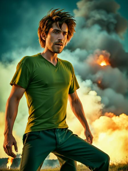 1boy, Shaggy, a man with green shirt, red eyes, spiky hair, brown pants, black shoes, ULTIMAXPOWER_mode, green ghoulish fire, blue shaggy ghost in the background , explosion in the background, masterpiece, highly detailed, 8K, stunning, hdr, (RAW photo:1.2), (photorealistic:1.2),(masterpiece:1.4),  <lora:Shaggy-000012:1>