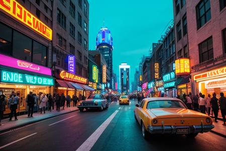 Everyday life photography of a bustling street scene on a retro-futuristic planet, featuring diverse inhabitants in vintage yet futuristic attire, casually interacting amidst hovercars and neon-lit shops, wide street view, in a cityscape blending Art Deco architecture with high-tech elements, under a twilight sky illuminated by bioluminescent plants, shot on a Fujifilm GFX 100S with a wide-angle lens, capturing the vibrant energy and unique fusion of past and future, in the style of Syd Mead.