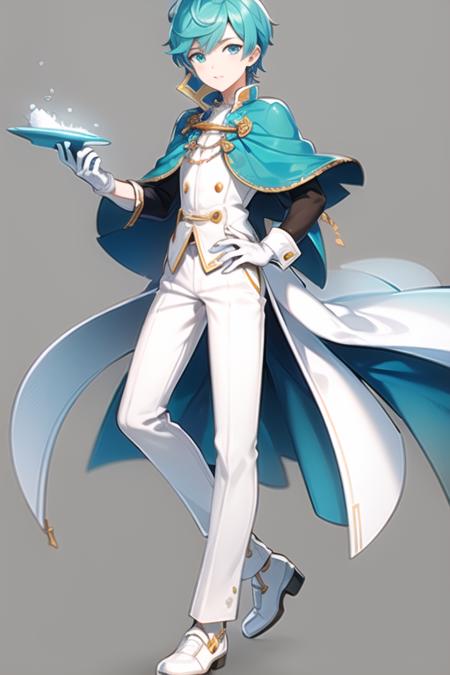 <lora:Ain-05:0.5> , ain, solo, looking at viewer, short hair, blue eyes, gloves, long sleeves, 1boy, holding, blue hair, standing, full body, male focus, shoes, pants, white gloves, coat, aqua hair, capelet, white footwear, white pants, white capelet