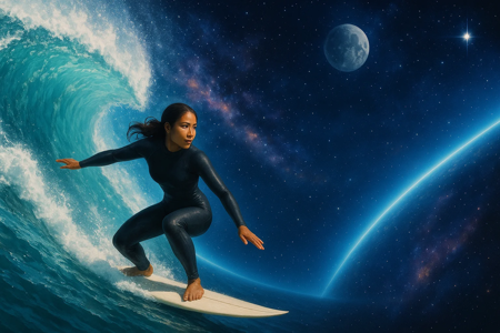 a polynesian female surfer with a full skin diving suit on surfing a wave that suddenly transforms into a ride on a surfboard into space