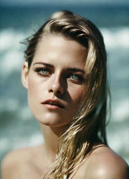 analog style, modelshoot style, photo of beautiful sks woman, hyper realistic photograph, detailed face,film grain, Kodak portra 800, f1.8, intricate, at the beach, <lora:locon_kristenstewart_v1_from_v1_64_32:1.3>