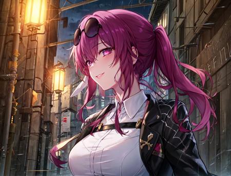 ((masterpiece)), kafka hsr, 1girl, solo, long_hair, breasts, looking_at_viewer, smile, bangs, shirt, gloves, long_sleeves, purple_eyes, jacket, white_shirt, ponytail, purple_hair, parted_lips, white_gloves, sunglasses, eyewear_on_head, smoke, rain

masterpiece, best quality, high quality, absurdres, shiny skin, colorful, dynamic pose, stunning art, best quality, hyper detailed, dynamic angle, beatlful detailed, reflective hair, good lighting, ray tracing, depth of field, ultra-detailed, illustration, Amazing, fine detail, extremely detailed, ((ultra-detailed)), (beautiful detailed girl), beautiful detailed glow, intricate detail, highres, an extremely delicate and beautiful, beautiful detailed eyes, realistic, hdr, rounded eyes, detailed facial features,

(illustration), (beautiful detailed eyes), ((very detailed face)), depth_of_field, eyebrows_visible_through_hair, frills, looking_at_viewer, outdoors, (upper body:1.4),

clothes reflecting light, (light diffraction on skin: 1.35), (glossy skin: 1.55), (Iridescence Effect: 1.55),

(alleyway, night, neon lights, dimly lit, sign:1.5),

critical angle, thick thighs,