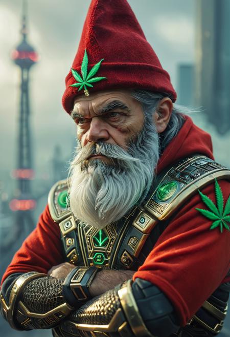 a real-life photograph of a male dwarf. he has a long white beard made of brass and silver wires and is wearing a pointy red hat. he is in a grumpy mood and is sulking with crossed arms. shallow depth of field, intricate detail, face focus, close up, foggy, hazy background, mysterious,
420futurism, futuristic, cyberpunk, neon, <lora:420Futurism:1>, masterpiece, best_quality, amazing_quality, very_aesthetic, 8k, high_quality, highres, absurdres, subject_focus,