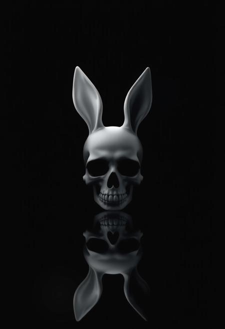 A white skull with rabbit ears on a black background in the style of a game icon. highly detailed and hyper realistic photo, by Alena Aenami , by Archibald Thorburn , by Daniele Afferni ,  in the style of  monochromatic silhouette reflection,  limited dark palette, unusual dark colors, faded colors, atmospheric haze, highly dramatic cinematic lighting, motion blur, film grain,  professional, excellent composition, finest details, maximized details, ultimate detail level, masterpiece, best quality