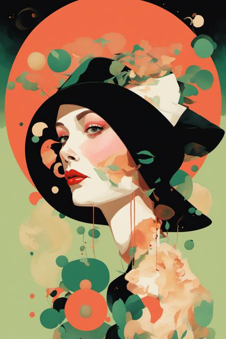 <lora:CH>,tj,a woman with a hat and a green background with a red spot on her face and a black top,Caroline Chariot-Dayez,sachin teng,digital art,digital art,pop surrealism,