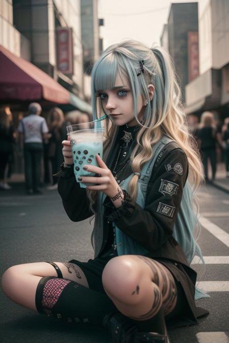 4K,8K. An attractive american gothic punk girl, with black punk fitting clothes, (blonde very long wavy hair:1.05) (wide dreamy light blue eyes,) wide smile, face close up, (holding a bubble tea,) (dynamic sitting pose, on the street) 2legs