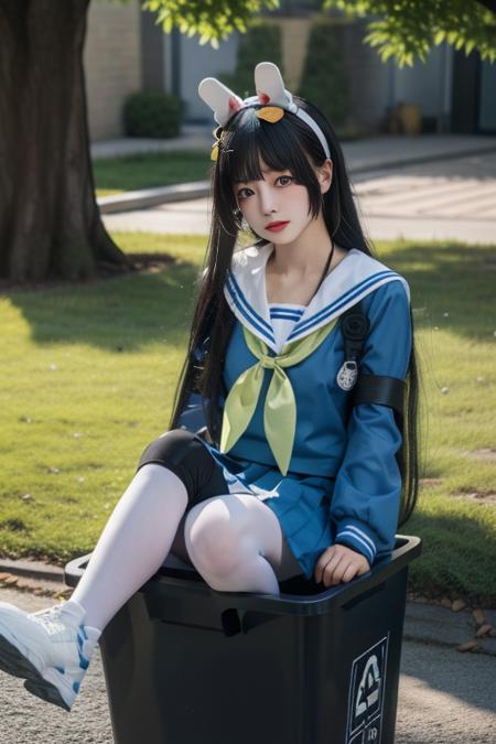 ltra-detailed,highly detailed,best quality,masterpiece,illustration,realistic,
kasumizawa miyu, 1gir l, solo, miyu \(blue archive\),cosplay,
bangs, long hair,fake animal ears, rabbit ears,
school uniform, serafuku, neckerchief, sailor collar,long sleeves, pleated skirt,
looking at viewer, in trash can,
photo background,outdoors, ruins,trash can, grass, bush,
<lora:kasumizawa miyu_v1_07:0.7>