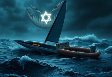 A sleek, high-tech sailboat with a futuristic design is shown sinking into the turbulent waters near the coast of Palermo. The vessel, long and streamlined, features cutting-edge technology with glowing digital displays and advanced sails, now submerged at precarious angles as it battles against the overpowering waves. Above, the sky is dark and menacing, dominated by a colossal, sinister smile with sharp, exaggerated teeth, and a glowing Star of David at its center, casting an ominous glow over the scene. Floating amidst the debris in the water is a lifeboat, partially overturned, with a makeshift sign attached to it that reads "Sionism Effect" in bold, unsettling letters. The lifeboat, acting as a stark reminder of survival and struggle, contrasts with the high-tech sinking ship and the foreboding sky, creating a powerful and symbolic image.