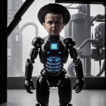 raw photograph, ultra detailed photrealistic, hasbula, android body,standing, full body <lora:hasbula_v1:1>, muscular, cyborg, frowned, robotic parts, techno lab background, H. R. Giger style, rim light, vibrant details, luxurious cyberpunk, hyperrealistic, anatomical, microchip, black hat