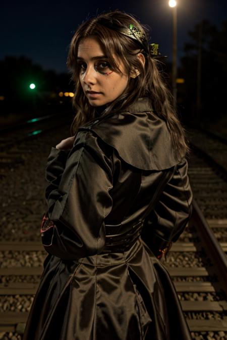 day of the dead costume ,  railroad crossing , dusk  <lora:Louise_Redknapp:1> mature l1873r, 1girl, solo, masterpiece, best quality, detailed face,