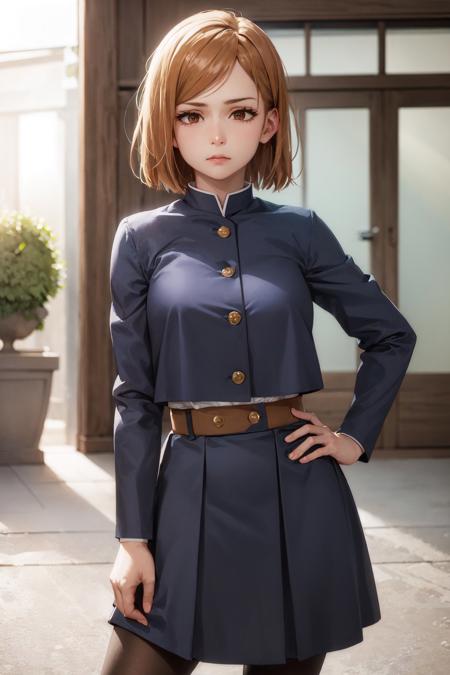 (masterpiece, best quality:1.2), <lora:jjk_kugisaki-15:1>, cowboy shot, solo, 1girl, kugisaki nobara, expressionless, closed mouth, looking at viewer, hand on hip, school uniform, black jacket, skirt, pantyhose