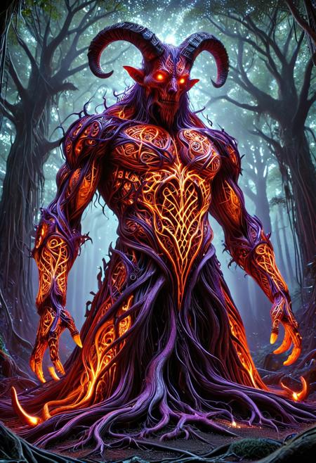 masterpiece, absurdres, 8k uhd, best quality, amazing quality, ultra detailed, intricate detail, very aesthetic,
A ((demonic figure)), part ancient oak, part mechanical construct, its bark-lined exoskeleton fused with glowing bioluminiscent circuits, an eerie harmony of nature and machine, (red, orange, violet, white, black)
PG-TR, mobe-cedeen