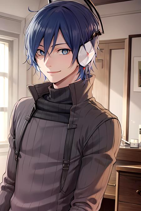 masterpiece, (best quality), 1man,1boy, mcsmtds, blue hair, blue  eyes,male focus,  headphones, shirt, sweater,    (masculine), turtleneck, upper body,   smile,  adult,  vibrant colors ,natural lighting  ,RTX,  handsome, (detailed face:1.2), showcase, (photorealistic:1.1),  (perfect eyes:1.1) , (perfect pupils),  8k uhd,  looking at viewer,  indoors,  simple backround,