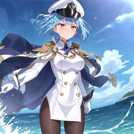 <lora:NCLandyLora:0.8>, NCLandy, blue hair, short hair, braid, brown pantyhose, white sleeves, white cape, white military uniform, purple eyes, white peaked cap, white gloves, firm stance, (serious expression), windy, cinematic view, scenic, upper body shot, ocean view, sparkling water, water splash