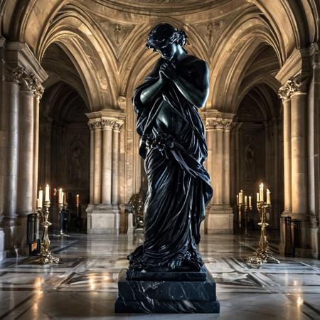 patina metal skin,
8k, score_9, score_8_up, score_7_up,
masterpiece,realistic,ultra detailed, vibrant colors,photo-realistic,
A bronze flower statue in the style of Auguste Rodin, intricately detailed with delicate petals and textured surfaces, placed in the grand hall of a European castle. The statue stands on a marble pedestal, surrounded by ornate stone walls, gothic arches, and soft candlelight casting dramatic shadows. The atmosphere is elegant yet somber, with a timeless, classical ambiance, evoking Rodin's expressive and emotive sculptural style.