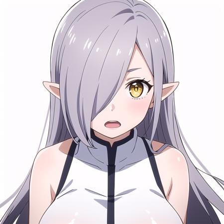 <lora:carrot-07:0.4> 1girl, solo, long hair, looking at viewer, open mouth, large breasts, dress, bare shoulders, very long hair, yellow eyes, grey hair, sleeveless, surprised, pointy ears, white dress, hair over one eye,  clapped hands, white background, upper body