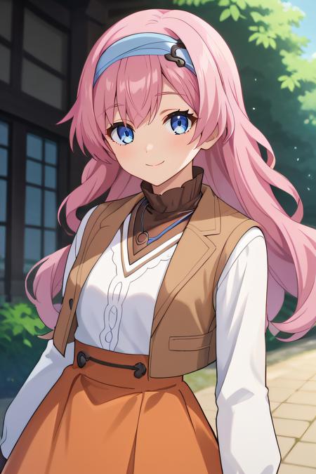 priscilla, pink hair, blue eyes, braided ponytail, low ponytail, hairband white dress, long sleeves, brown vest, open vest, orange skirt, long skirt off shoulders, orange jacket, brown dress, frilled top, cross halterneck, collarbone