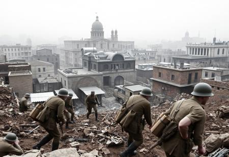 ww2, land war, scene, british soldiers, takein cover, war torn cityscape, middle east,