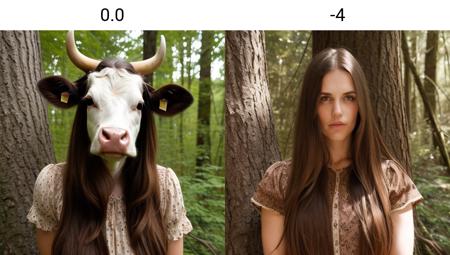 a cow head, long hair, brown hair wearing dress, forest, short sleeve,detailed <lora:cow_slider_v10: 0.0>