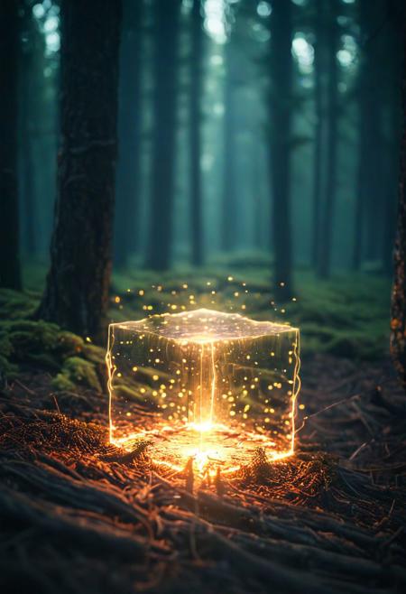 Glowing square shape in forest, depth of field