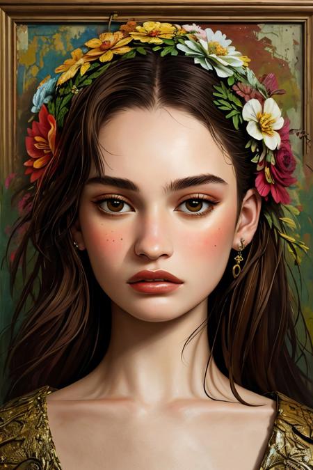 (junk art style, recycled, textured, detailed, assemblage:1.15), oil painting style portrait of <lora:sd15_LilyJames_locon_64_v1-000016:1> LilyJames, face, eyes, flower symbols