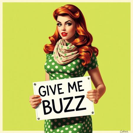 Retro pin-up poster depicting a feminine curvy woman , clad in 1960s style green polkadots mini dress, scarf over ombre long hair (ginger to copper, orange, auburn),, holding a sign that says "GIVE ME BUZZ"