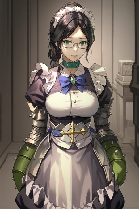 full body, yuri_alpha, glasses, green wristband, maid outfit, beautiful, ultra-detailed, beautiful, amazing, masterpiece, (realistic:0.5), <lora:Yuri Alpha (Oberlord):0.7>