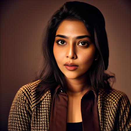 AishwaryaLekshmi, photograph, Bardcore, Happy Female, Producing a movie, wearing warm outfit, Papuan Pins, Wrinkles, Folded background, dramatic lighting, film grain, Canon RF, F/5, Sepia filter,  <lora:AishwaryaLekshmiSD1.5:1>