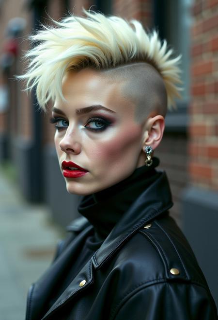 a 1980s  photo of a woman with a mohawk, by Shani Rhys James, tumblr, very very pale blond hair, iren horrors, shaved sides short top, eighties look, amy sol in the style of, gothic makeup, fluffy'', diesel punk female, clean shaved, edited