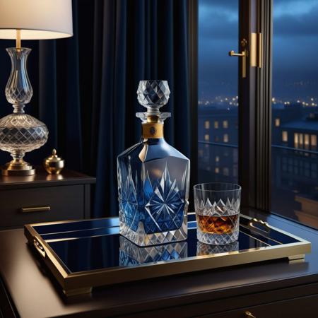 Ultra realistic full body color pencil drawn portrait of  
whisky .in a crystal carafe on a drinks tray in a luxurious penthouse apartment.
BREAK
Deep dark intense midnight blue  misty background,
Dark theme, dynamic lighting, (soft shadows), (soft focus),  (photo realistic), uhd, 8k