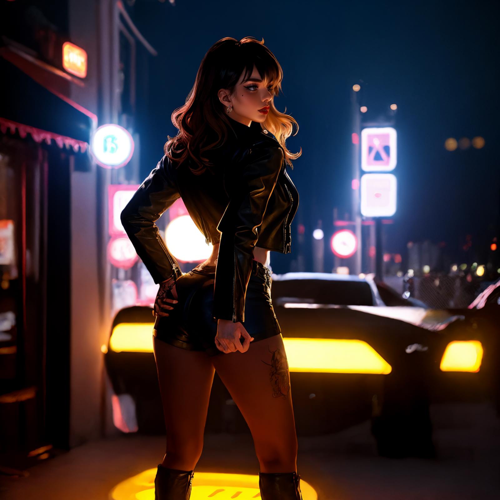 A woman wearing a black jacket and black leather pants stands in front of a black car.