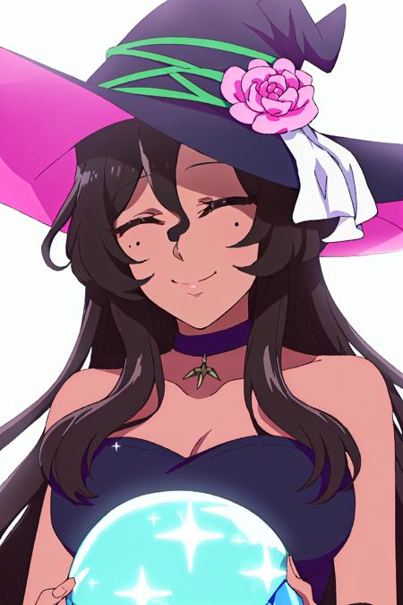 viola, 1girl, solo, black hair, long hair, blue eyes, dark skin, witch, witch hat, smile, closed eyes, choker, mole under eye, hat flower, pink flower, sparkle, gem, hair between eyes, bare shoulders
high quality, best quality, ultra detailed, masterpiece, medium breast, <lora:EMS-53119-EMS:0.800000>