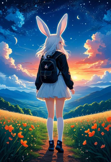 1girl, outdoors, hiking, backpack, animal ears, solo, sky, bunny, rabbit, rabbit ears, outdoors, dress, star \(sky\), long hair, starry sky, cloud, standing, white dress, field, socks, blue eyes, scenery, long sleeves, night, night sky, coat, white hair, sunset, hair ornament, black coat, black footwear, looking at viewer, shoes, white socks, full body, horizon, 
BREAK, 
[art by Makoto Shinkai and Amanda Clark and Bastien Lecouffe-Deharme], 
characters, dreaminess, landscapes, magic, other-worldliness, watercolor, female-artist, digital, environmentalism, fantasy, femininity, manga-anime, whimsy, dark, surreal, mystery, mythology, Japanese, contemporary, film, romance, 
minimalist flat illustration, serene and surreal scene, 
Wide range of colors, Dramatic, Dynamic, Cinematic, 
Hand drawn flat art illustration, Flat Colour Anime, anime artwork, 
adventure, fantasy, manga-anime, whimsy, 
concept-art, (aerial shot, aesthetic, dreamy, vibrant, vivid), 
textural, artistic, anime style, key-visual, studio anime, beautiful, painterly, 
highly detailed, ultra-detailed, intricate details, absurdres, 
aid291, midjourneyv6.1,