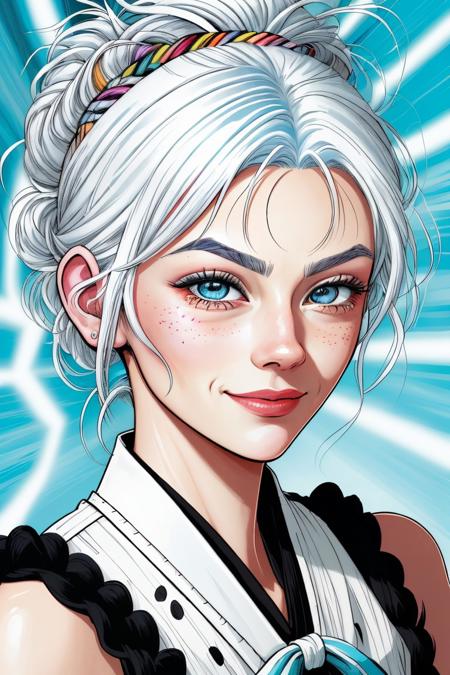 (comic, graphic illustration, comic art, graphic novel art, vibrant, highly detailed:1.15), <lora:sd15_SavannahRaeDemers_v2:.9> SavannahRaeDemers, focus on eyes, close up on face, grinning, color Navajo white hair styled twisted bun hair, radiant god rays