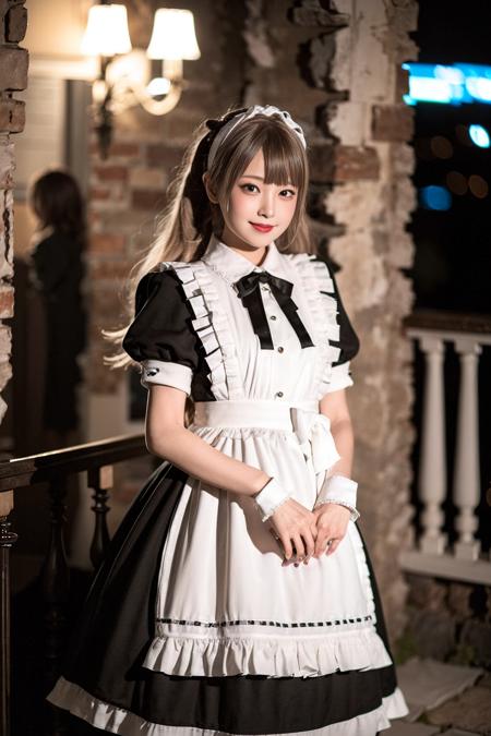 realistic, photorealistic, masterpiece, best quality, 1girl, solo, standing in castle, night, looking at viewer, smile,maid_dress, <lora:Cute Asian Face:0.7>, <lora:maid_dress_v1:0.75>