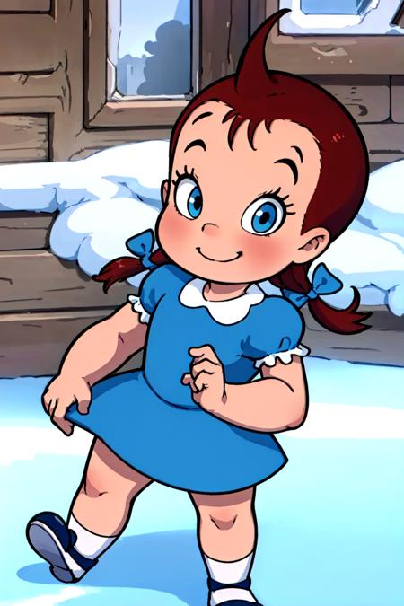 laudrey, 1girl, dress, solo, brown hair, bow, hair bow, blue dress, child, smile, short sleeves, socks, shoes, short hair, twin braids, puffy sleeves ,looking at viewer, standing,   <lora:Audrey1.0:0.7>