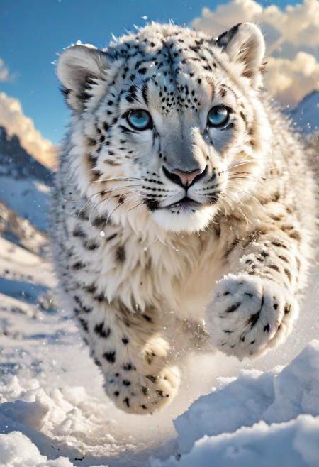 Award winning National Geographic wildlife photo of the year, White fluffy Snowleopard jumping high in deep snow, caught mid-air, rich shadows, intricately detailed , soft focus, depth of field, 8k photo, HDR, professional lighting, taken with Canon EOS R5, 200mm lens, art by atey ghailan, painterly anime style at pixiv, art by kantoku, in art style of redjuice/necmi/rella/tiv pixiv collab, your name anime art style, masterpiece digital painting, exquisite lighting and composition, inspired by wlop art style, 8k, sharp, very detailed, high resolution, illustration