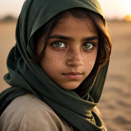 award winning photo, focus on eyes, look to the viewer, Afghan girl portrait, dark green eyes, fiery look,sun freckles