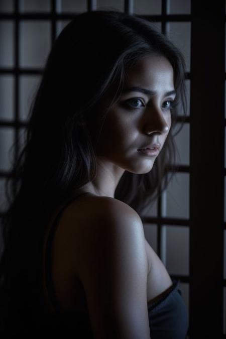  masterpiece, in a dimly lit jail cell, an alluring woman lycanthrope, undergoes a haunting transformation under the full moon's glow. her limbs elongate, fur sprouts, and despite her changing form, her gaze is locked on the moon. Her eyes convey desperation and sorrow, a silent plea to retain her humanity. The woman's face, caught in the moonlight, is etched with deep anguish, reflecting the tragic duality of her cursed existence. This moment captures his profound torment, the struggle between human and  the beast within