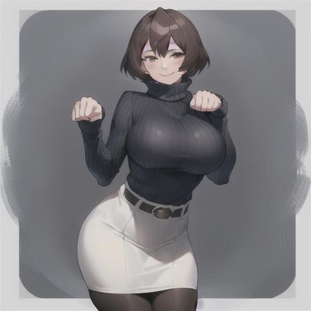 mandalay, 1girl, solo, breasts, looking at viewer, smile, short hair, skirt, large breasts, simple background, brown hair, long sleeves, white background, hair between eyes, brown eyes, pantyhose, cowboy shot, belt, sweater, black pantyhose, hands up, turtleneck, white skirt, ribbed sweater, pencil skirt, paw pose, turtleneck sweater, blue sweater  <lora:MandalayLoRA-10:0.6>