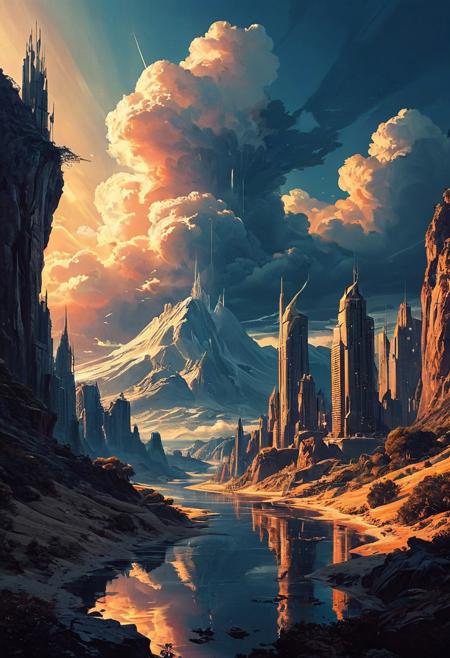 a wanderer between worlds in flowing clothes, (epic landscape:1.5),  (style Historical drawing), (style Historical painting),best quality, masterpiece, extremely detailed,  professional  art,  professional painting, an extremely delicate and beautiful, dynamic,  great lighting, perfect shading, professional shading, depth of field,   side soft light, elegant, gorgeous, highly detailed,   full shot, uncropped,   pure genious, absolutely perfect,  highly detailed, breathtaking,
image style is cg render  , Natural Light and Hard Edge Lighting Reflection/Refraction and Retro/Vintage Effect , , smooth Boris Vallejo , Gobo Lighting Duotone Effect and Glitch Effect and Emboss Effect , , incluenced by a mix of Virgil Finlay and Naoko Takeuchi ,, landscape  a pristine sanctuary where the horizon is a canvas for the world's endless mysteries,            lighting strikes, and one big cloud,,   in the sky is polar star ,  ,a futuristic city with towering skyscrapers, neon lights, and flying vehicles zipping through the air.,
<lora:psychedelic_trip:0.7> psychedelic trip,
<lora:EldritchRomanceIllustration1.3.1:0.5>,
<lora:- SDXL - vanta-black_contrast_V3.0:0.2>,
<lora:add-detail-xl:1>,
<lora:detailed_notrigger:1>,