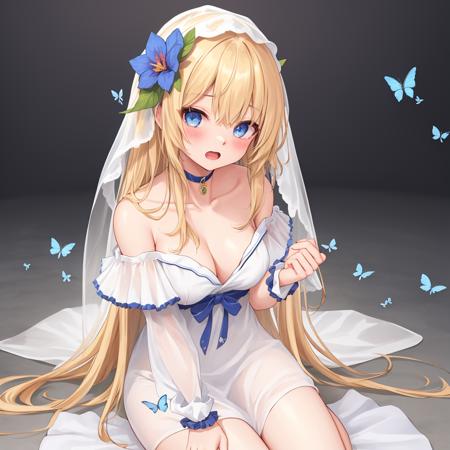 taya, 1girl, blonde hair, dress, breasts, solo, long hair, cleavage, white dress, sitting, butterfly, bare shoulders, bangs, veil, looking at viewer, bug, blue eyes, choker, medium breasts, hair ornament, flower, blush, off-shoulder dress, bird, yokozuwari, multicolored hair, wrist cuffs, very long hair, ribbon, open mouth, blurry, see-through, collarbone, masterpiece, best quality,