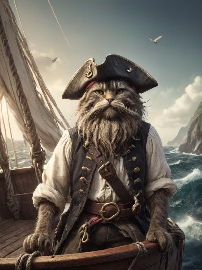 A bearded cat dressed as a pirate in a painting.