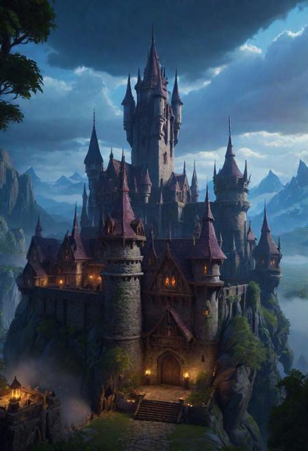 Environment castle nathria in world of warcraft ::gothic style fully developed castle :cinematic, raining, night time, detailed, epic , concept art, Matte painting, shafts of lighting, mist, photorealistic, concept art, volumetric light, cinematic epic + rule of thirds, movie concept art, 8k, cinematic, trending on artstation, movie concept art, cinematic composition , ultra detailed, realistic , hyper realistic , volumetric lighting , 8k  ar 3:1